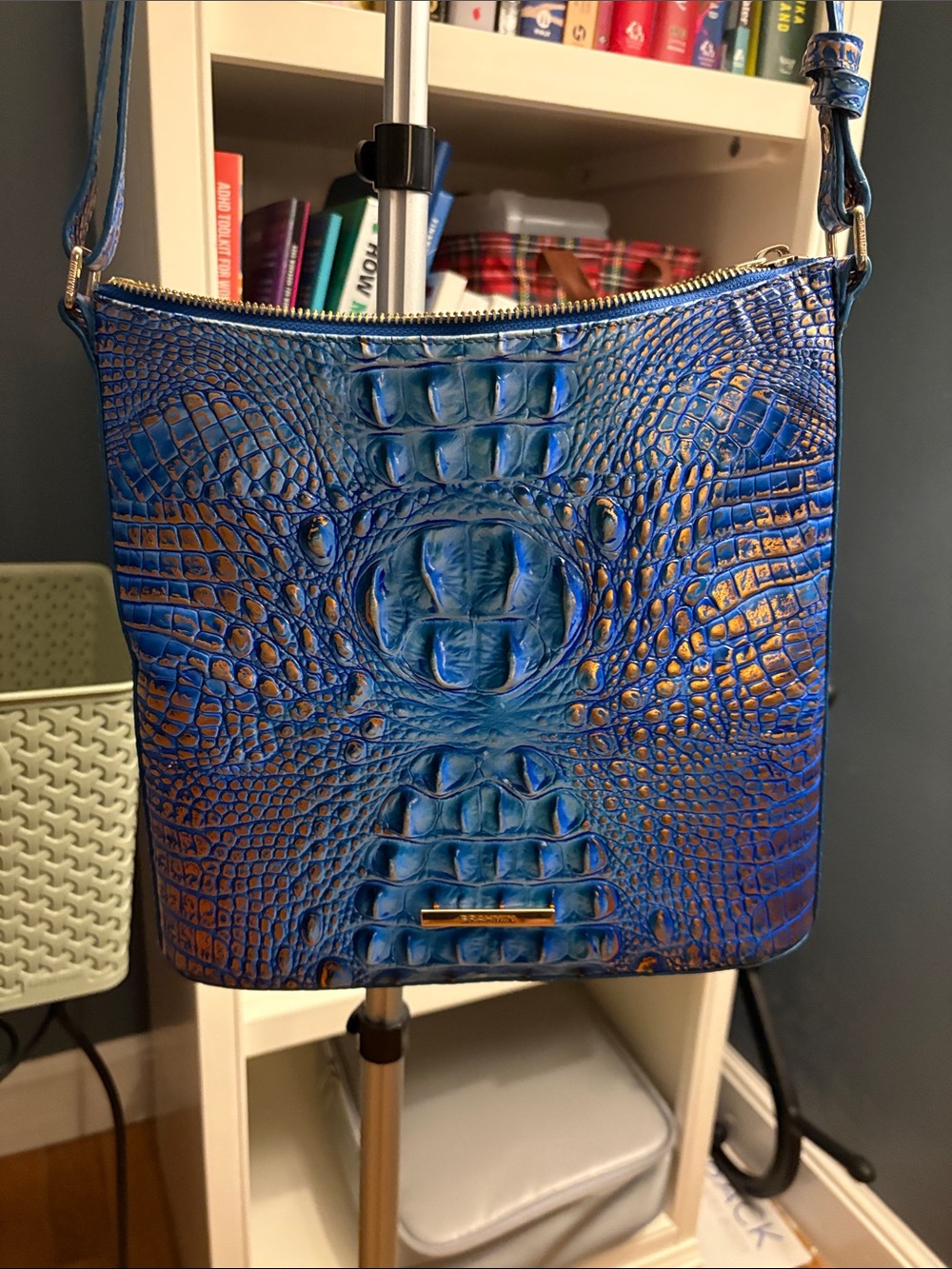 Brahmin Blue and Gold Croc-Embossed Leather Crossbody - Picture 2 of 5